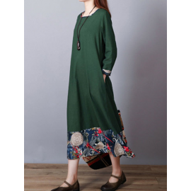 Print Patchwork Long Sleeve Loose Vintage Dresses for Print Dresses