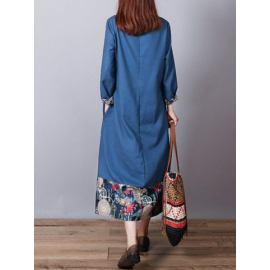 Print Patchwork Long Sleeve Loose Vintage Dresses for Print Dresses