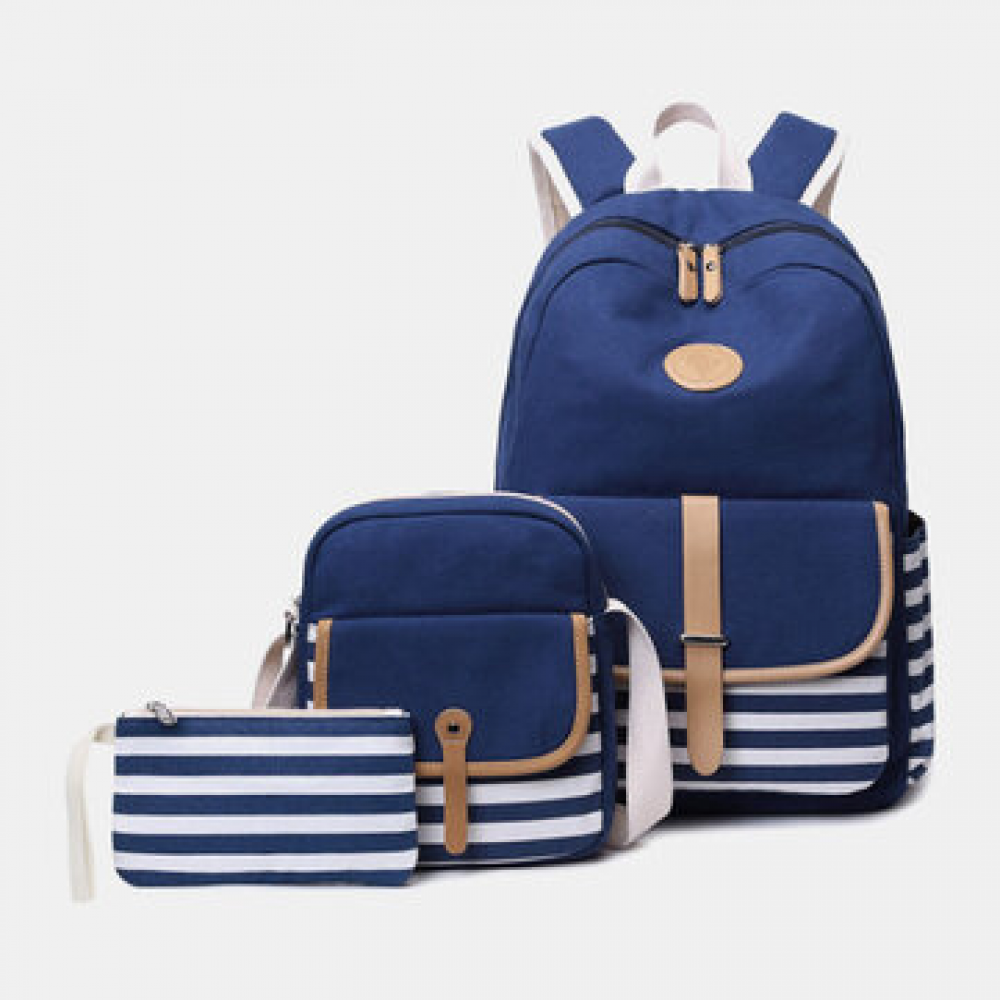 Women 3PCS Canvas Striped Backpack School Crossbody Bag for Backpack