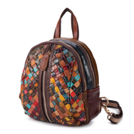 Women Genuine Leather Hand Stitching Patchwork Backpack Multi-Slot Handbags for Backpack