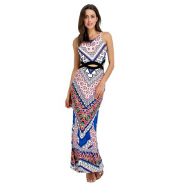 Bohemian Print Hollow Split Sleeveless Maxi Dress For Women for Print Dresses