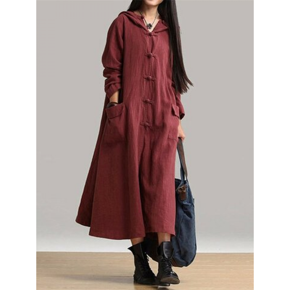 Vintage Frog Button Long Sleeve Hooded Maxi Coat Dresses for Vintage Dresses