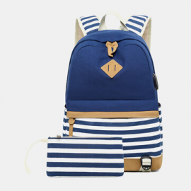 Women 3PCS Canvas Striped Backpack School Crossbody Bag for Backpack