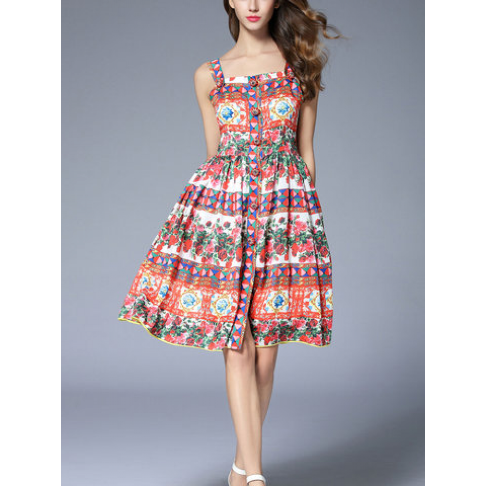 TangJie Sexy Vintage Printed Spaghetti Strap Women Dresses for Dresses