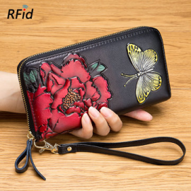 Brenice Embossed Rose RFID Wallets Retro Butterfly Clutches Bags 8 Card Holder for Clutches Bags