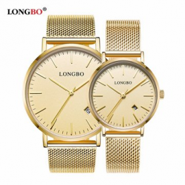 LONGBO Calendar Waterproof Couple Watch Weave Stainless Steel Mesh Ultra Thin Minimalist Watch for Couple Watches