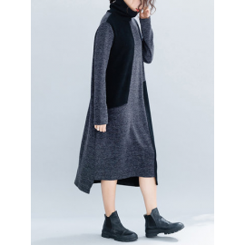 Women Vintage Patchwork Knit Funnel Neck Loose Dress for Vintage Dresses