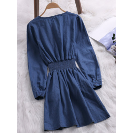 Solid Color Denim Elastic Waist Long Sleeve Vintage Dresses for Vintage Dresses