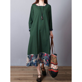 Print Patchwork Long Sleeve Loose Vintage Dresses for Print Dresses