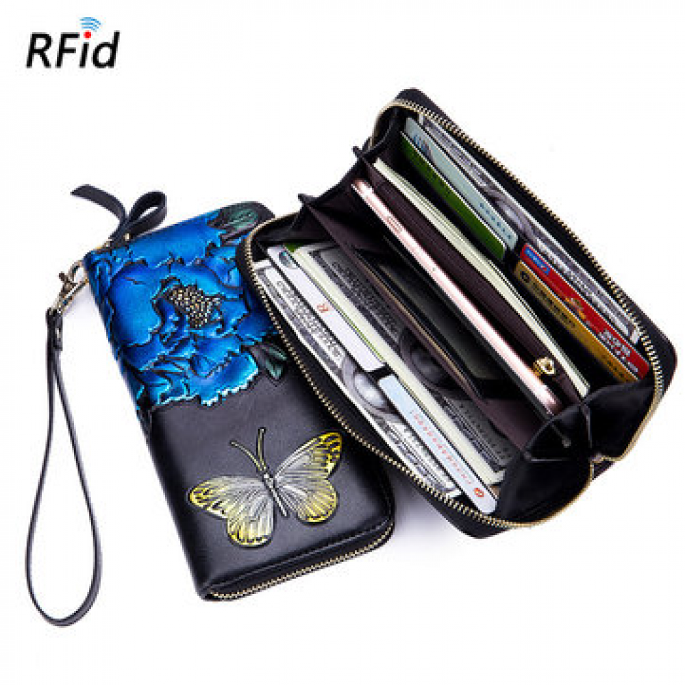 Brenice Embossed Rose RFID Wallets Retro Butterfly Clutches Bags 8 Card Holder for Clutches Bags