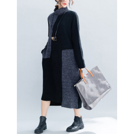 Women Vintage Patchwork Knit Funnel Neck Loose Dress for Vintage Dresses