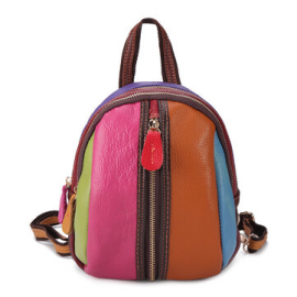 Women Genuine Leather Hand Stitching Patchwork Backpack Multi-Slot Handbags for Backpack