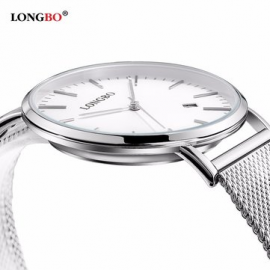 LONGBO Calendar Waterproof Couple Watch Weave Stainless Steel Mesh Ultra Thin Minimalist Watch for Couple Watches