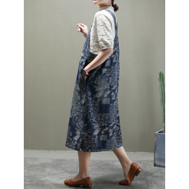 Vintage Floral Printed Patchwork Suspender Mid-calf Denim Dress for Vintage Dresses