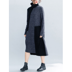 Women Vintage Patchwork Knit Funnel Neck Loose Dress for Vintage Dresses