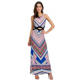 Bohemian Print Hollow Split Sleeveless Maxi Dress For Women for Print Dresses